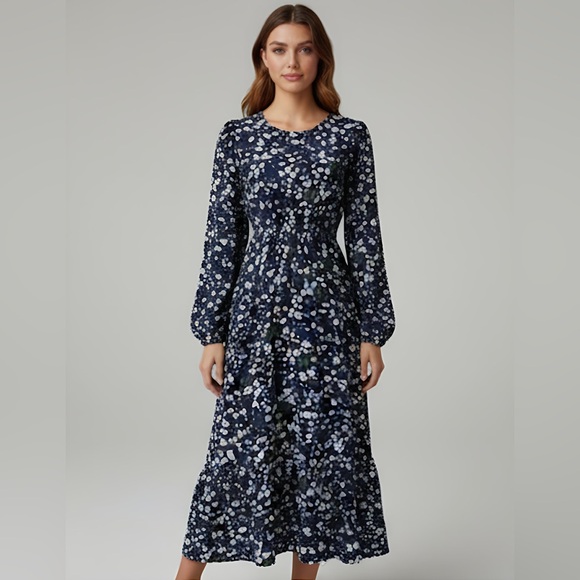 Boho Lantern Long Sleeve Floral Dress Blue - Picture 2 of 11